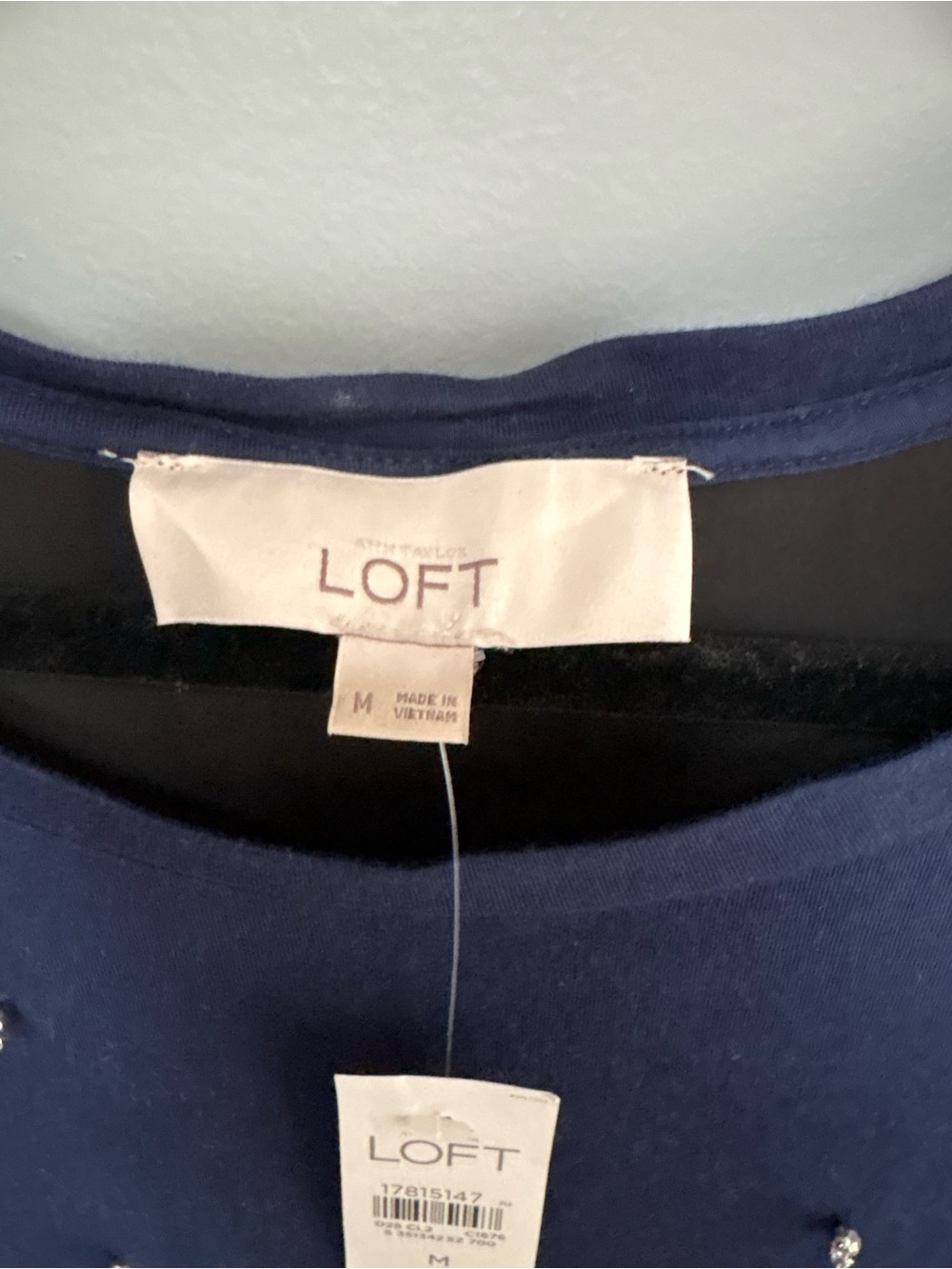 LOFT Navy Beaded Gem Short-Sleeve Women's Top Size M Black Sheer Back NWT - Picture 2 of 6